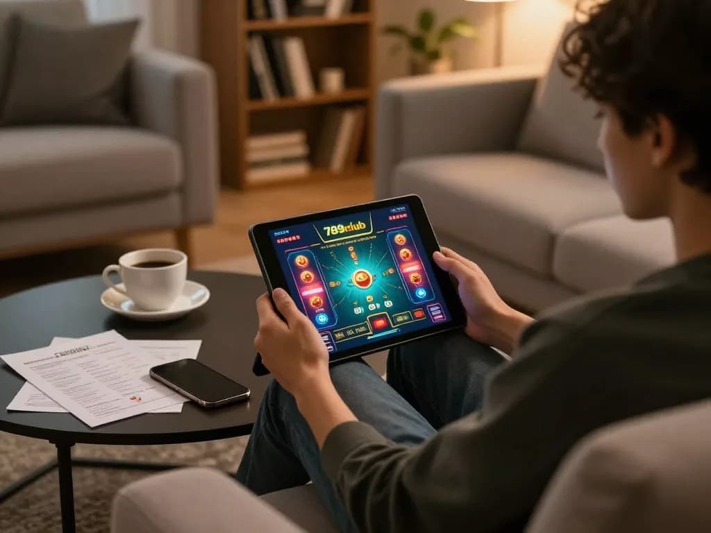 Engaging with online gaming on 789club, showcasing a relaxing home casino setup