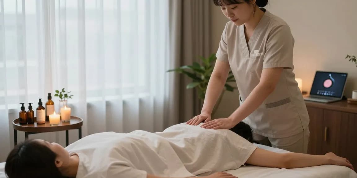 Experiencing 부천출장마사지 in a tranquil home spa environment, professional therapist and calming ambiance.