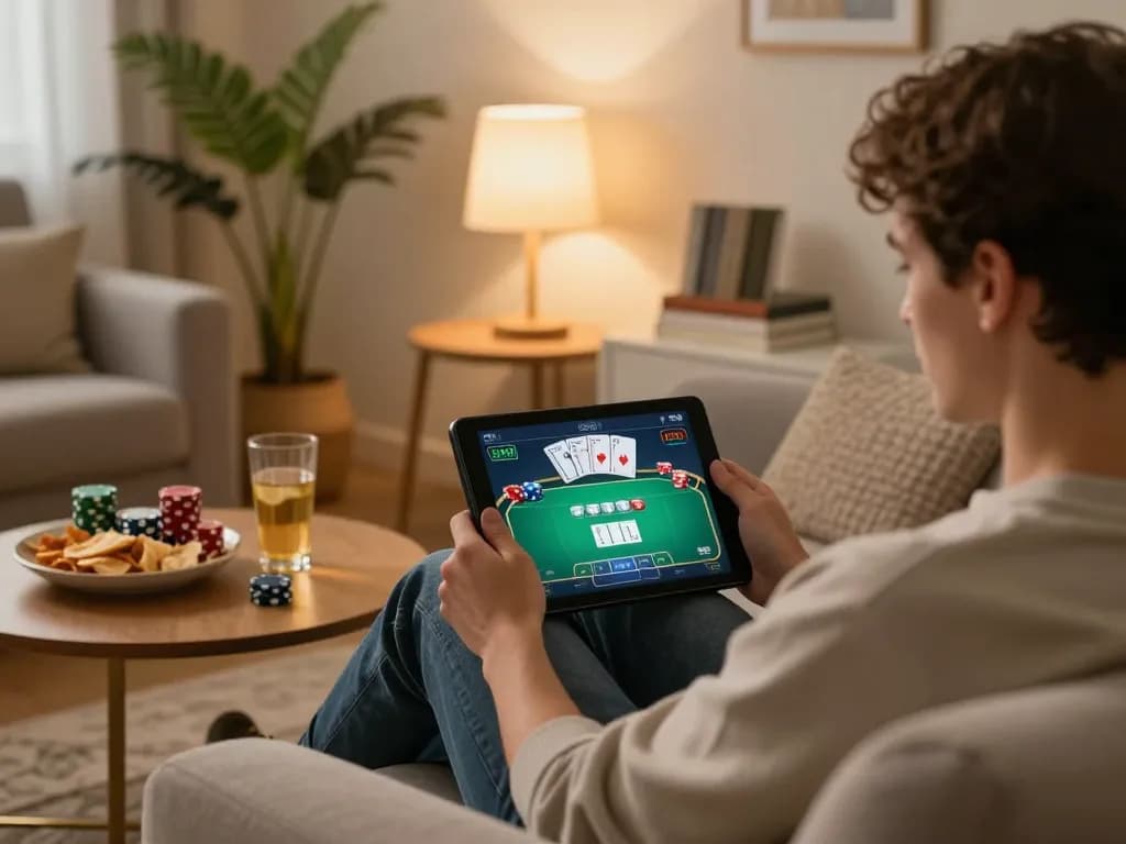 Engaged player using max88 app on tablet for a poker session, cozy home environment.