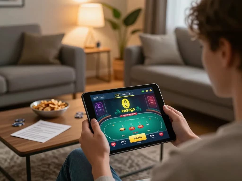 Engaging in online gaming on ee88go with poker strategies in a cozy home environment.