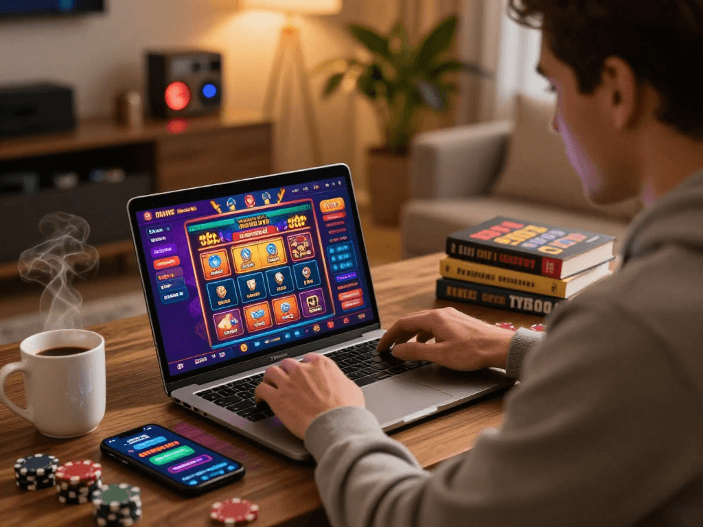 Engaged Canadian player using gambleonline for an immersive online gambling experience at home.