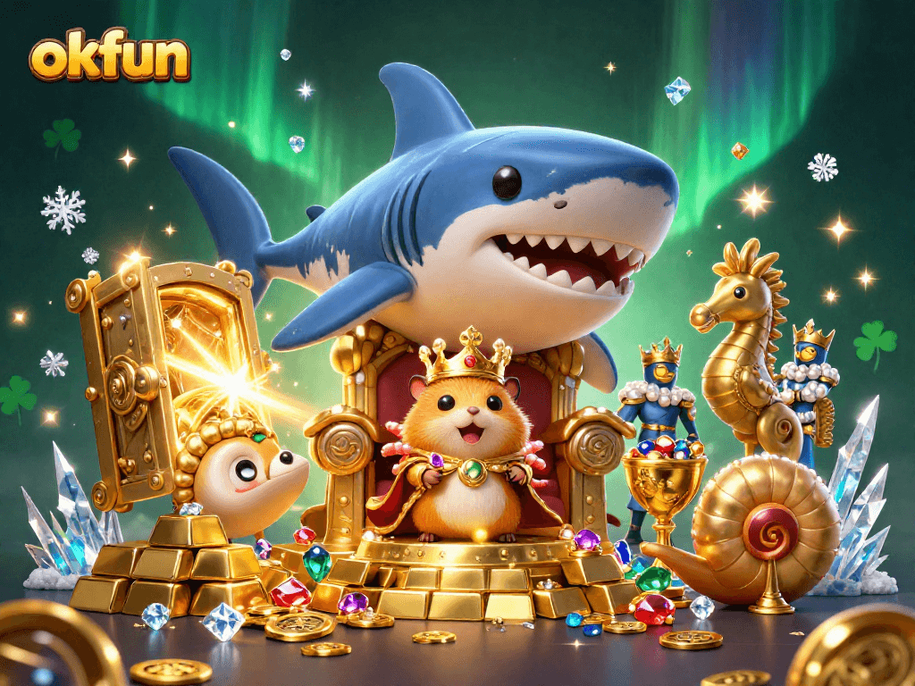Win big at okfun with the majestic hamster king and treasures in a vibrant 3D casino scene.