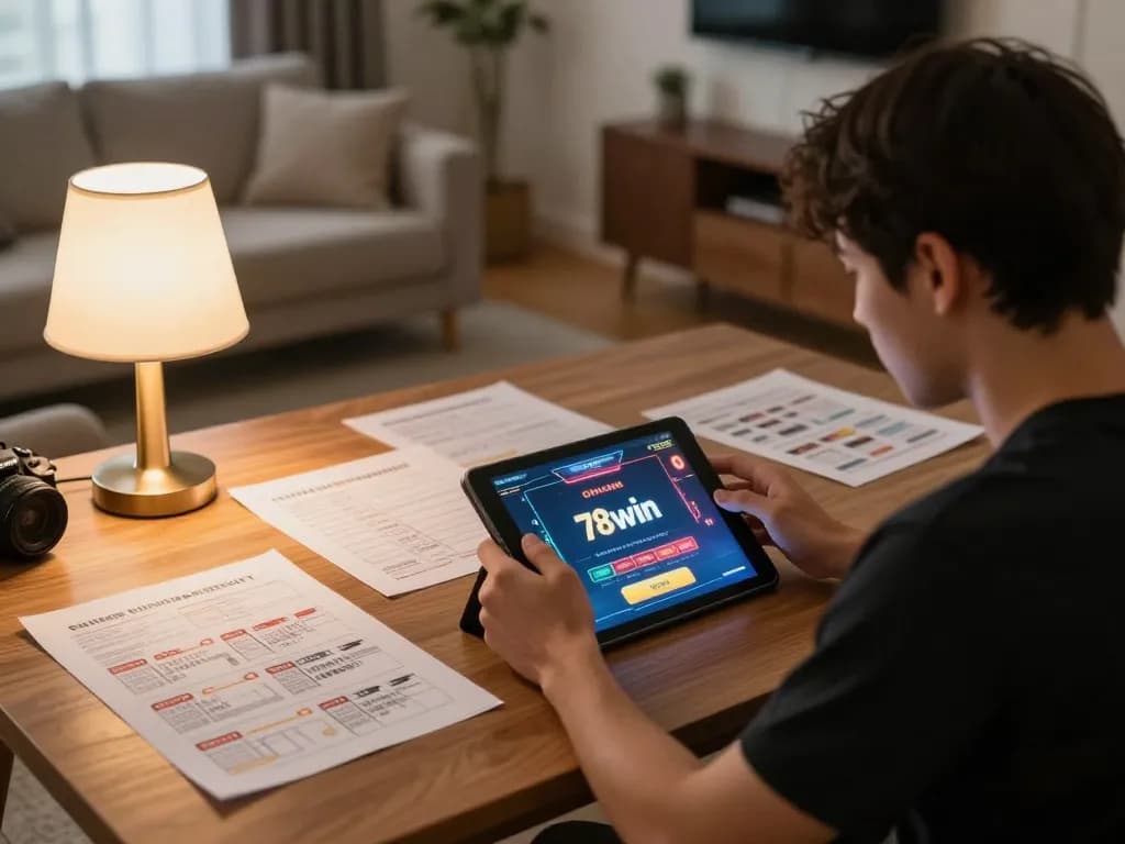 Engaged player enjoying online gambling experience with 78win on a tablet, generating betting strategy notes in a cozy home setting.