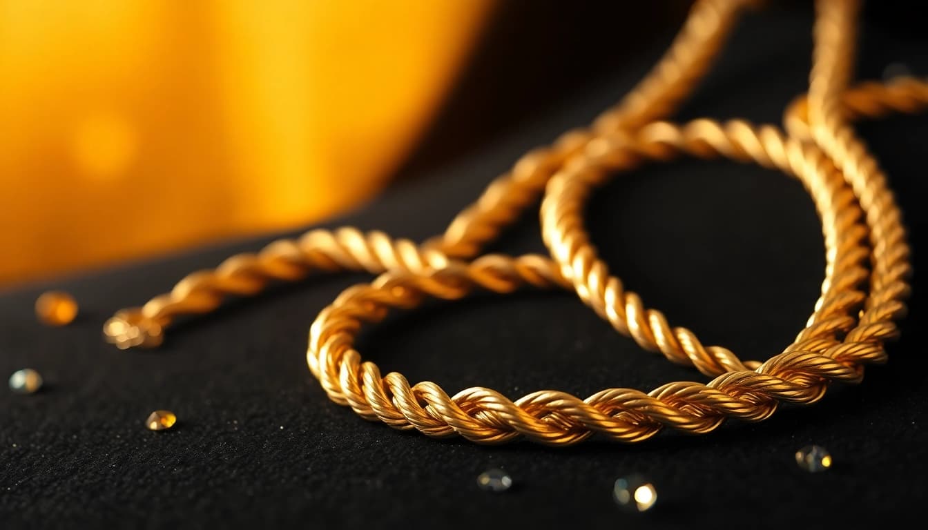 Showcasing a stunning gold rope chain highlighting its intricate design and luxurious shine.