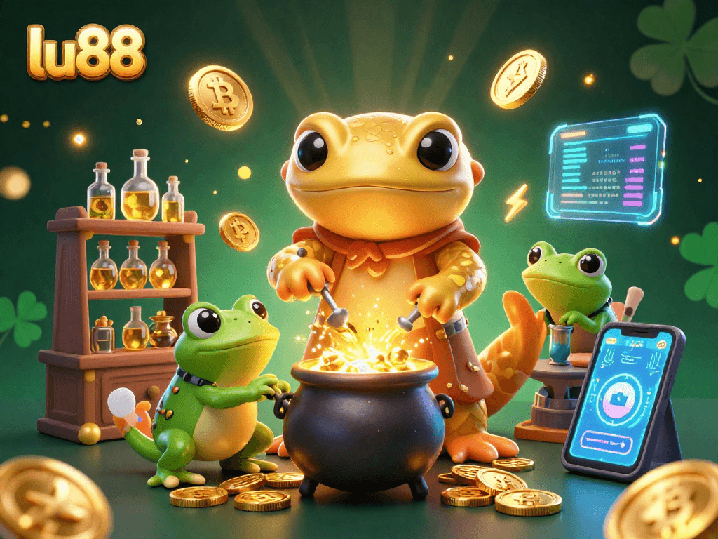lu88 showcases a dazzling alchemist scene filled with gold coins and crypto elements in a vibrant casino setting.