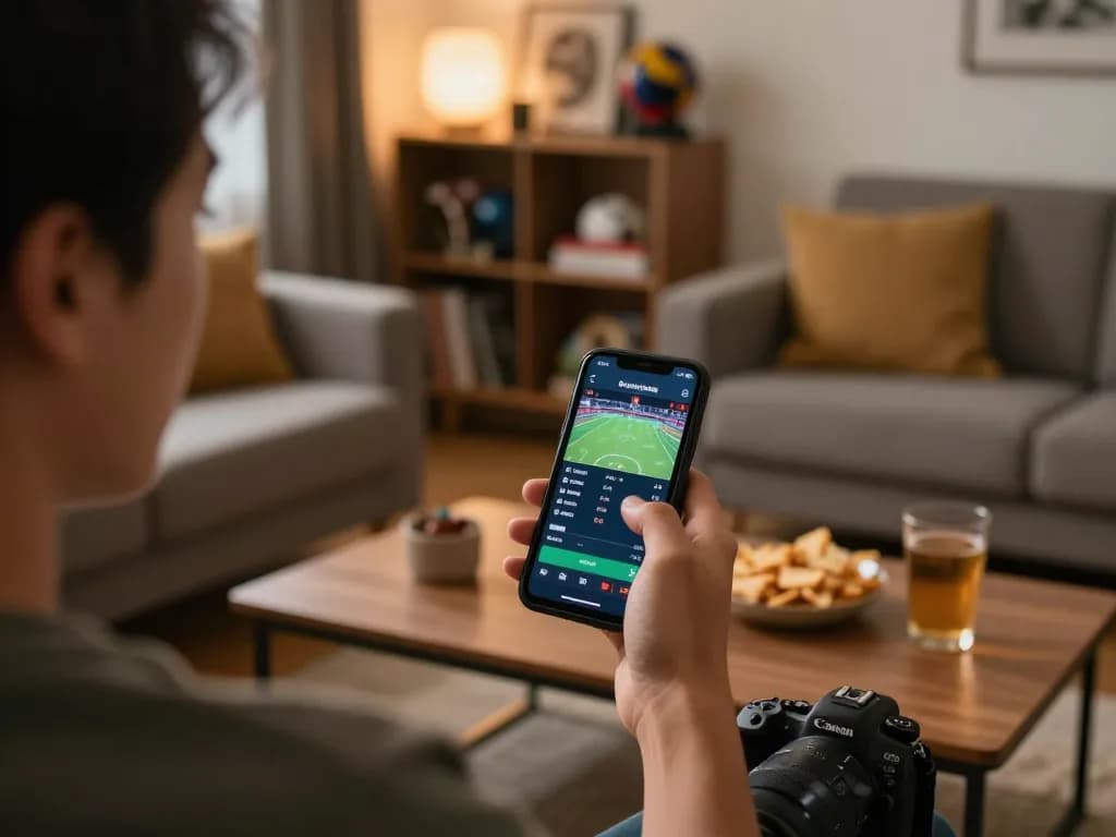 Betting on sports with 888bgo app in a cozy living room atmosphere.