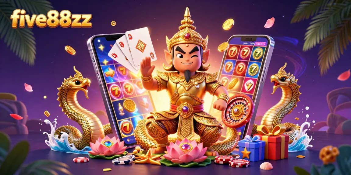 Experience exciting slots at five88zz with colorful characters and gold coins in a vibrant scene.