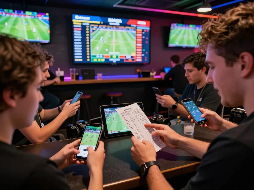 Daga players excitedly placing live bets on their smartphones amidst a vibrant sports bar setting.