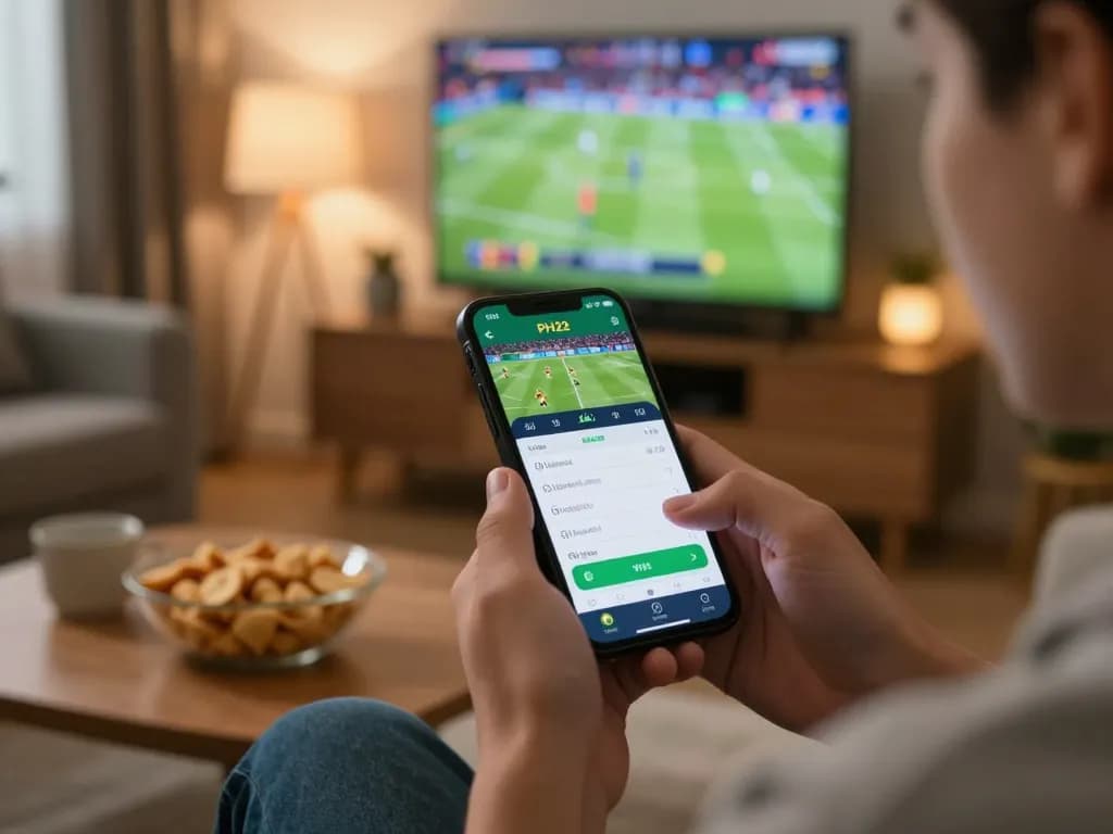 Betting enthusiast using PH22 app on smartphone to place live sports bets during an event.