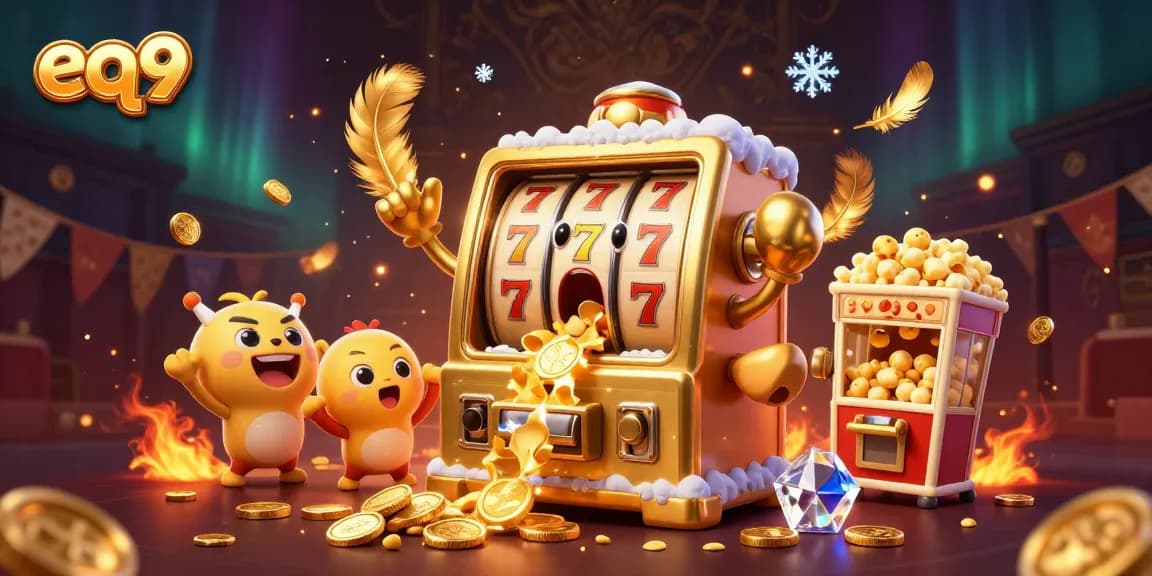 Play and win big at eq9 with engaging golden slot machines surrounded by dynamic casino elements.