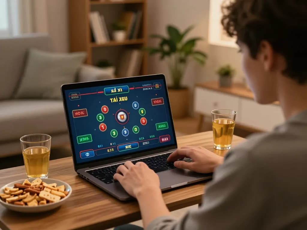 Tài xỉu online gaming session at home with player engaging on laptop