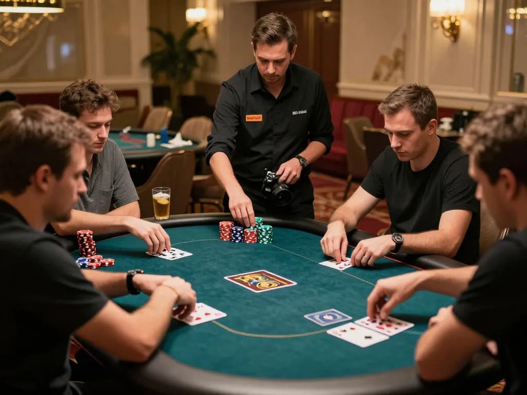 Players engaged in a thrilling poker game at 8day casino, showcasing strategic gameplay and vibrant casino atmosphere.