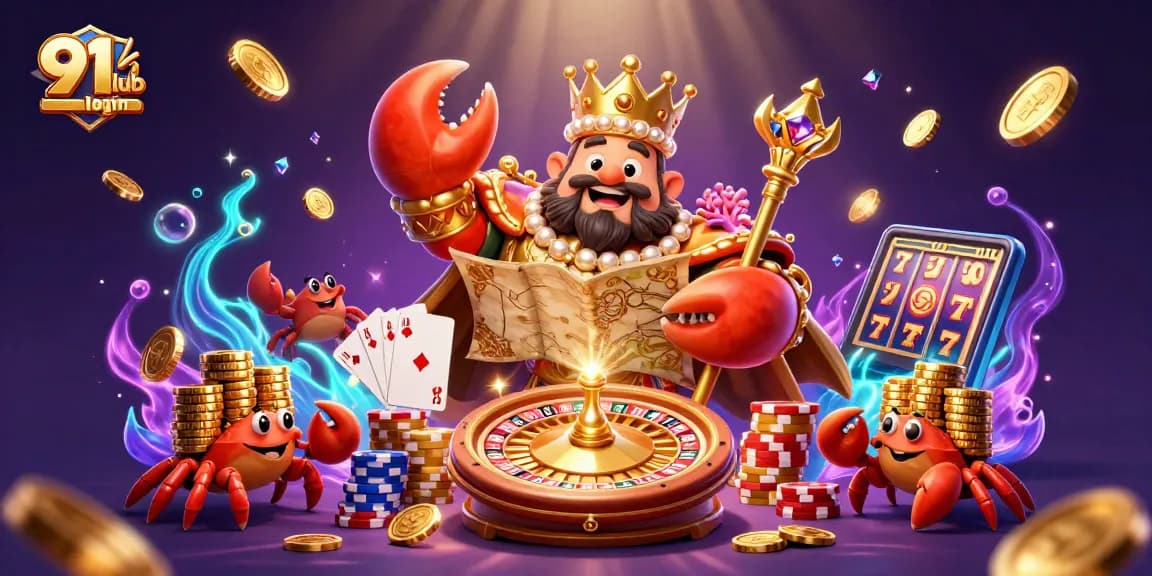 Engage in the 91 club login experience with vibrant characters and casino elements centered around fun and security.