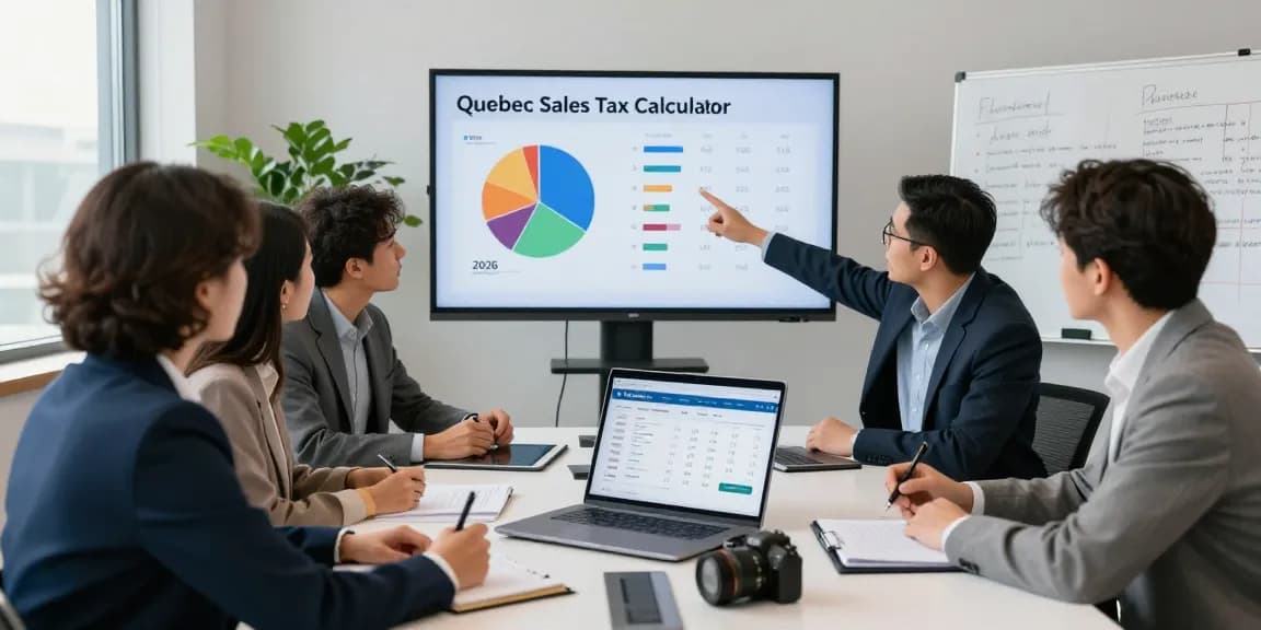 Group discussing the quebecsalestaxcalculator.ca in a modern office environment, showcasing 2026 tax calculations.