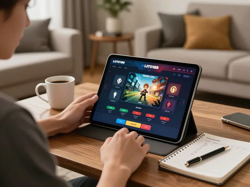 Engaging with LOTO188 TRANG CHỦ on a tablet in a stylish home environment, showcasing strategic online gambling.