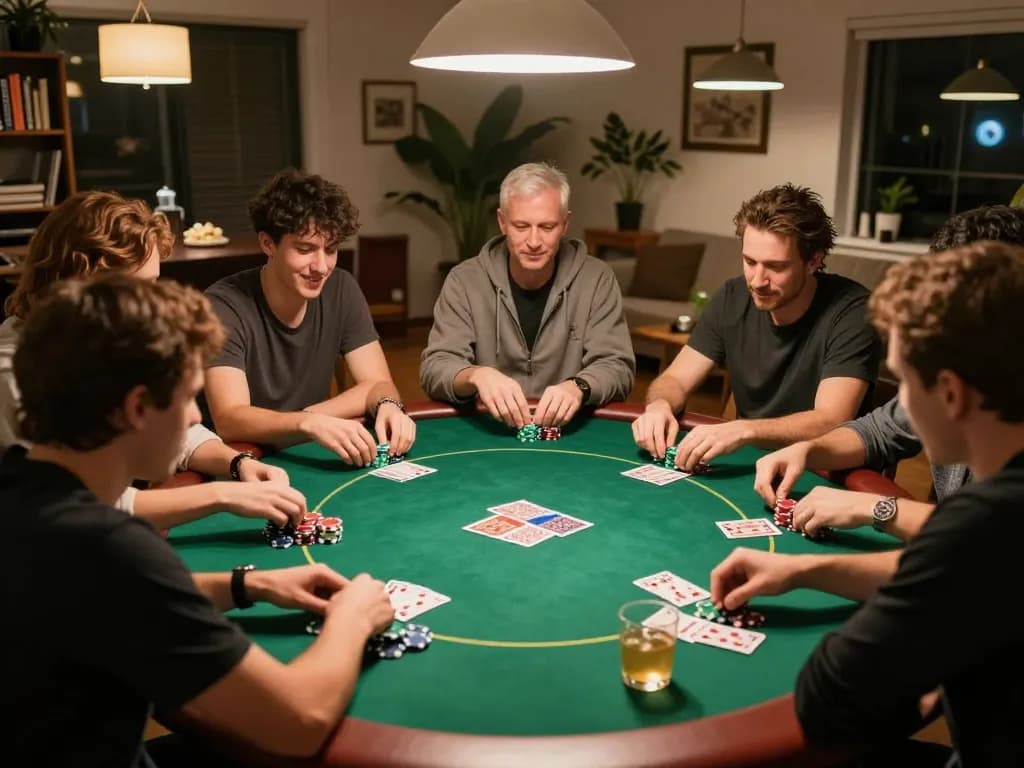 Engaged players enjoying game 98win at a lively home poker night, enhancing their strategic gameplay.