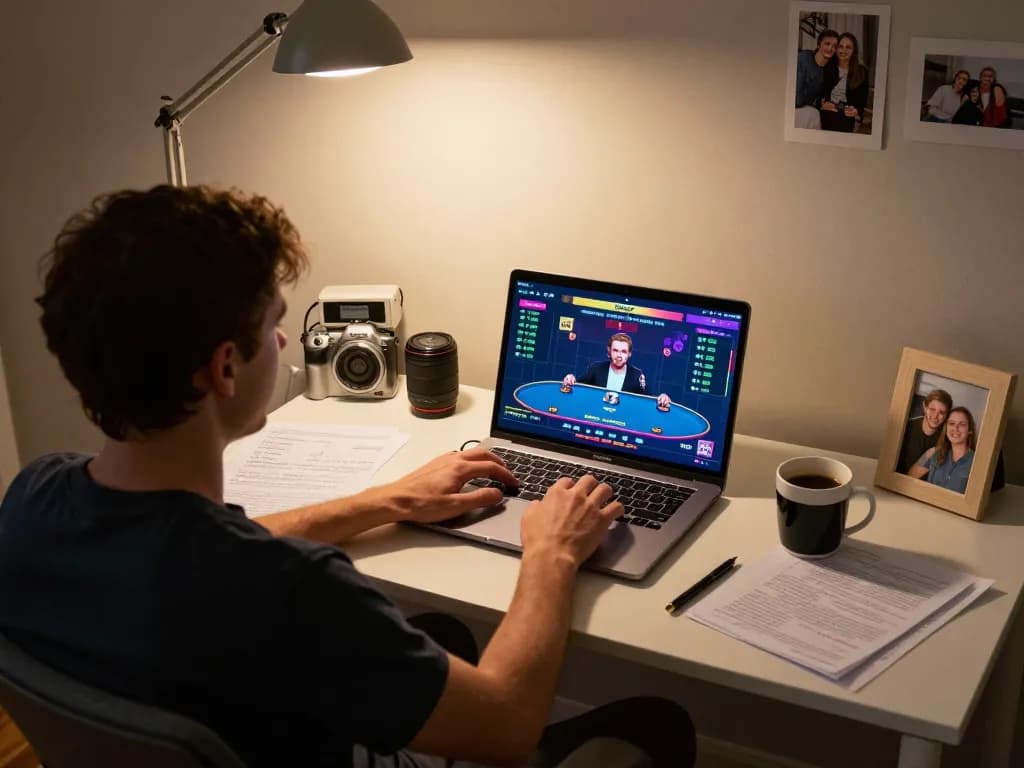 Online casino gameplay on new88blog with vibrant poker interface and player's strategic notes at their home desk