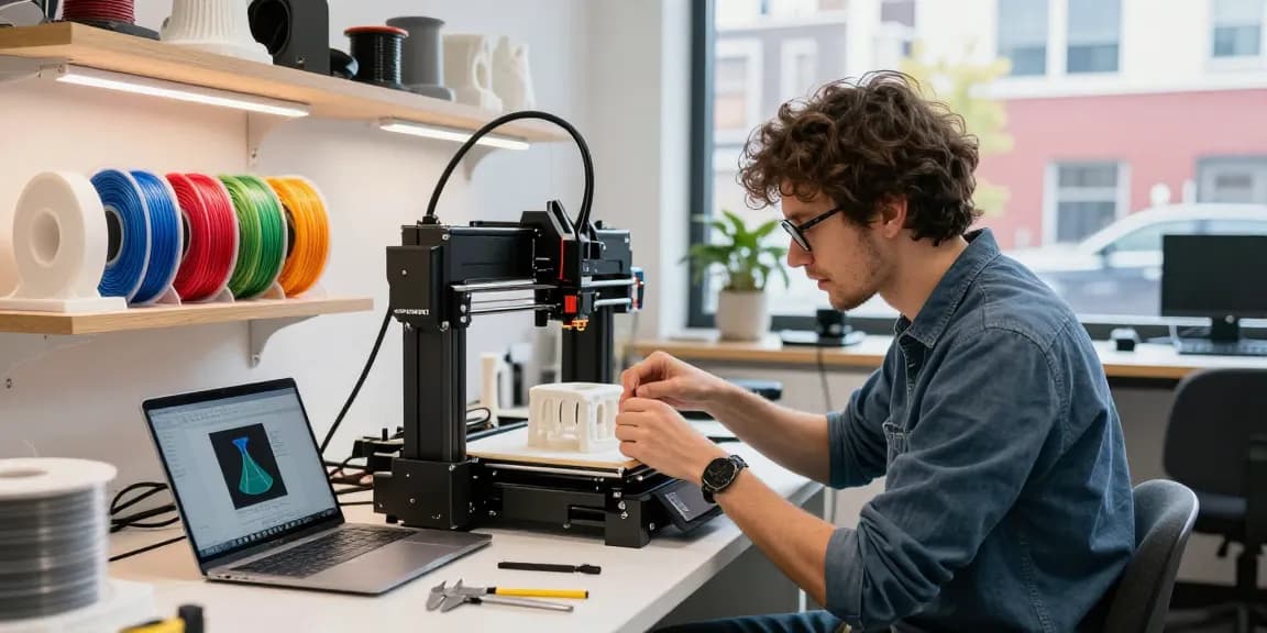 Discover the best value 3D printer in a vibrant creator's workshop, featuring colorful filament and 3D designs.