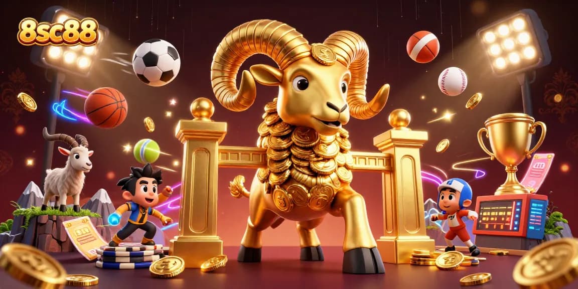 Engage in thrilling action at 8sc88 with golden ram and sports balls symbolizing dynamic gambling.