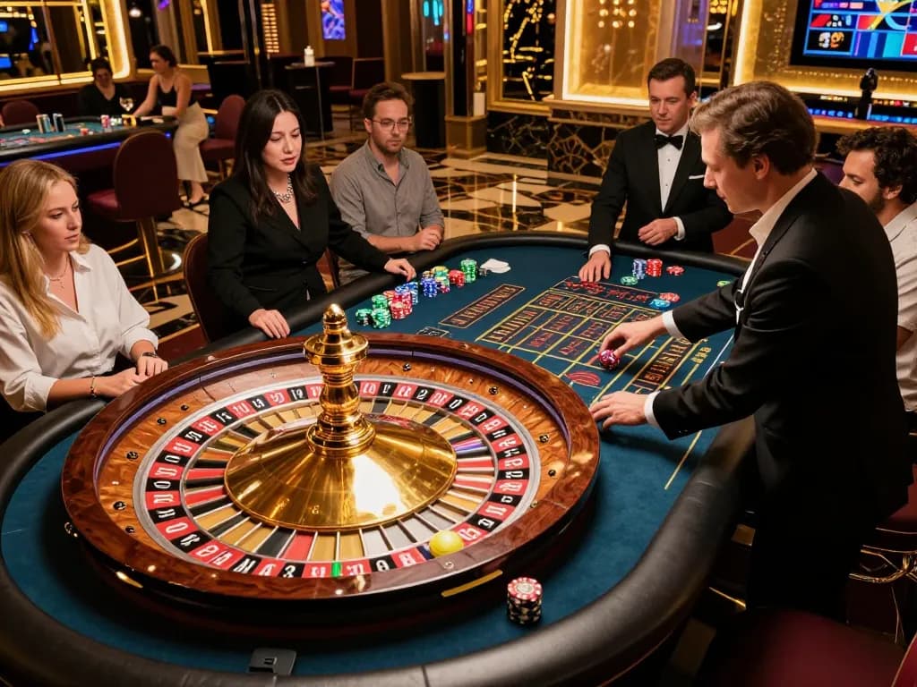 Các người chơi LUCK8 tham gia vào bàn roulette, ghi lại sự hồi hộp của trò chơi cá cược cao.