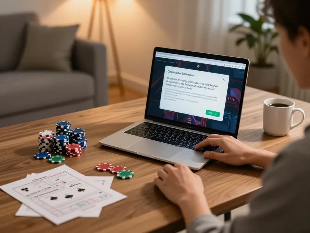 Engaged player enjoying online gambling at Sky88 in cozy home setup with poker chips.