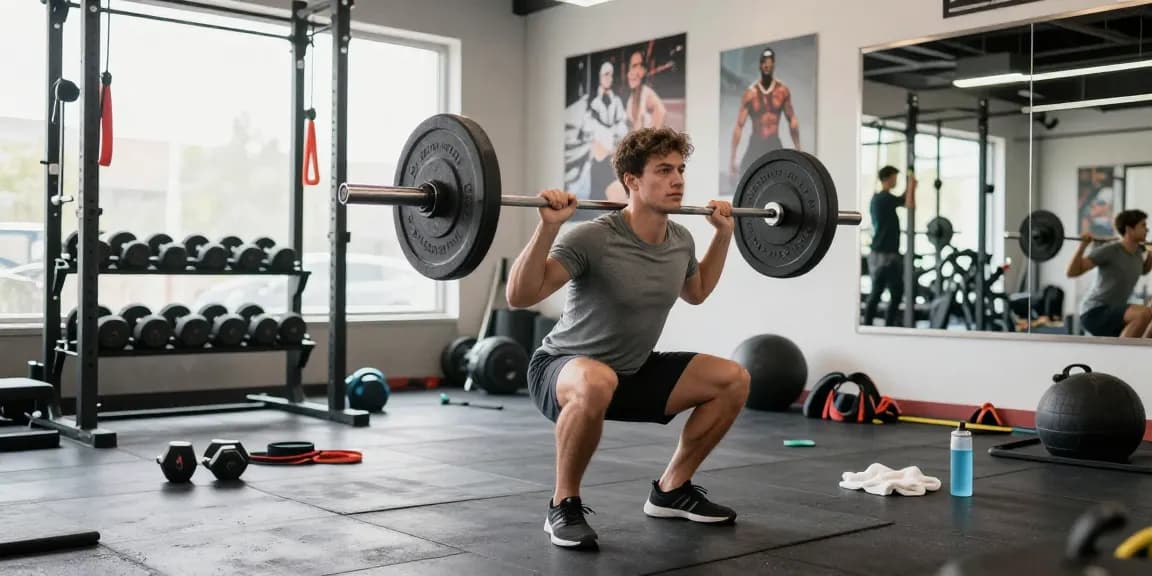 Energiegeladenes Training im Fitnessstudio eines Anabolika Shop Deutschland, das eine fitte Person zeigt, die Kniebeugen mit der Langhantel ausführt.