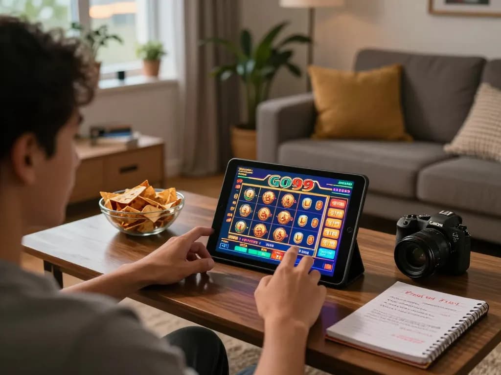Engaging in Go99 casino gaming at home with dynamic interface and cozy atmosphere.