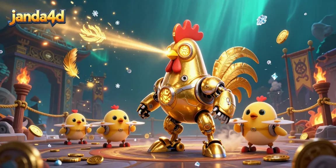 Menangkan permainan slot gacor di JANDA4D dengan robot ayam emas futuristik dan drone canggih mengikuti.