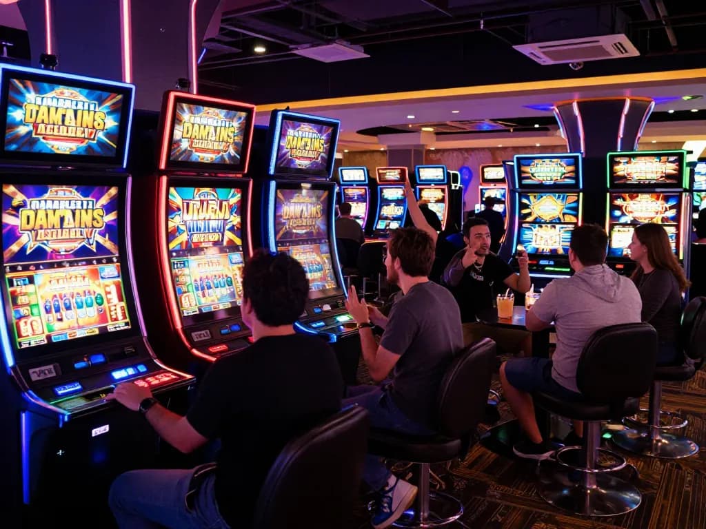 Players celebrating wins on slot pulsa machines in a vibrant casino atmosphere.