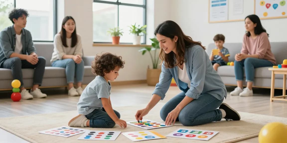 Child engaged in functional communication training Burlington with supportive therapist and colorful learning materials.