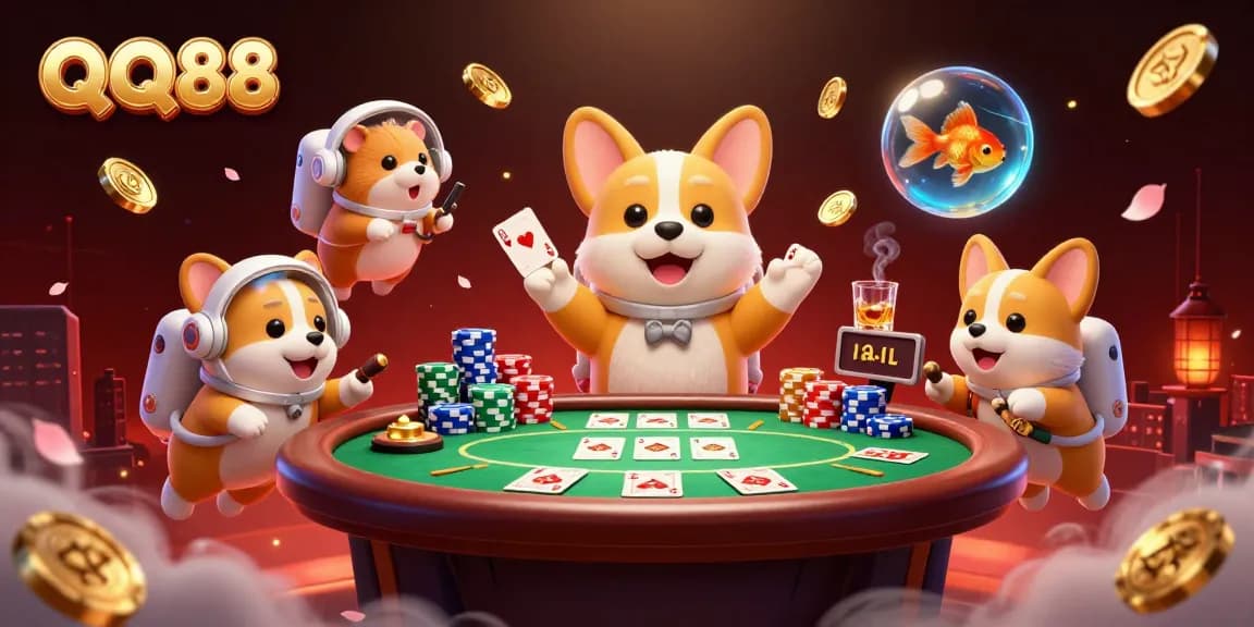 Engage with QQ88's thrilling space casino as a corgi astronaut floats with coins and poker chips.