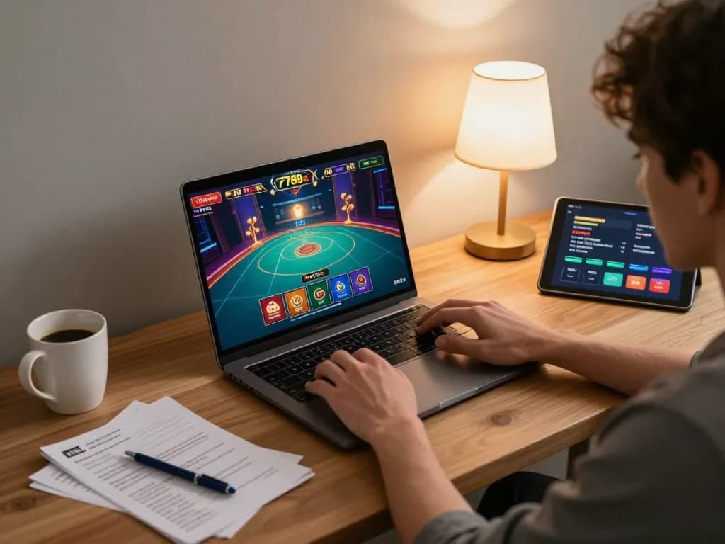 Player enjoying online casino gaming at home with p789bet, showcasing laptop with vibrant graphics and strategy notes.