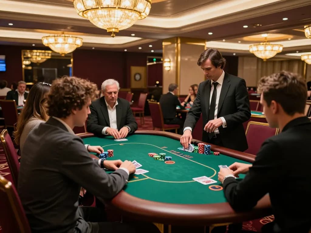 Players strategizing and placing bets at an lc88 link poker table in a luxurious casino setting.