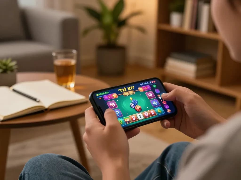 Tài xỉu 10 - engaging online gameplay on smartphone in cozy home setting
