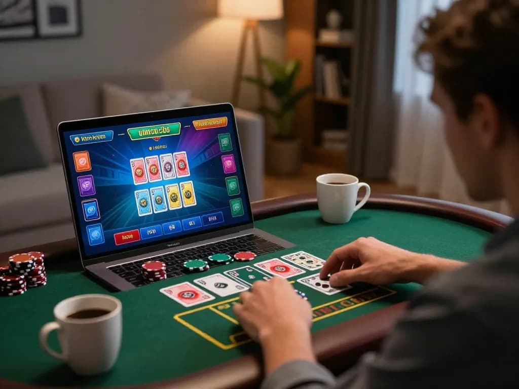Engaging in live dealer games showcasing kèo nhà cái trực tiếp on laptop, cozy home setup.