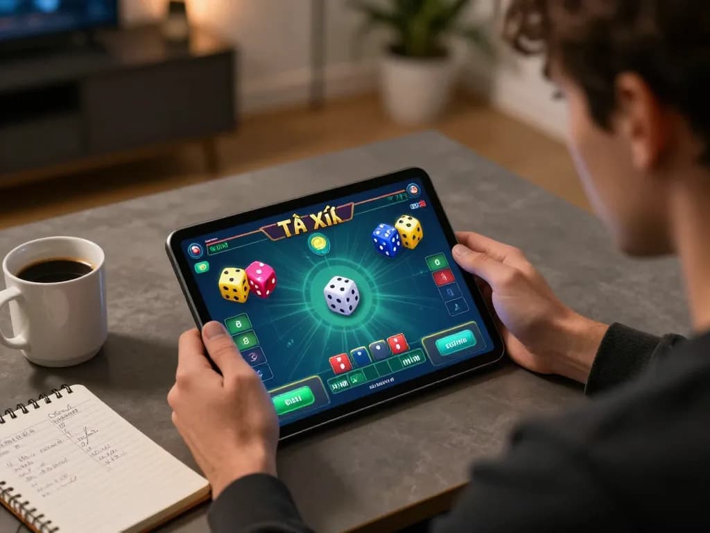 Player engaging in Tài Xỉu online game with tablet, showcasing responsible gaming strategy in a modern home.