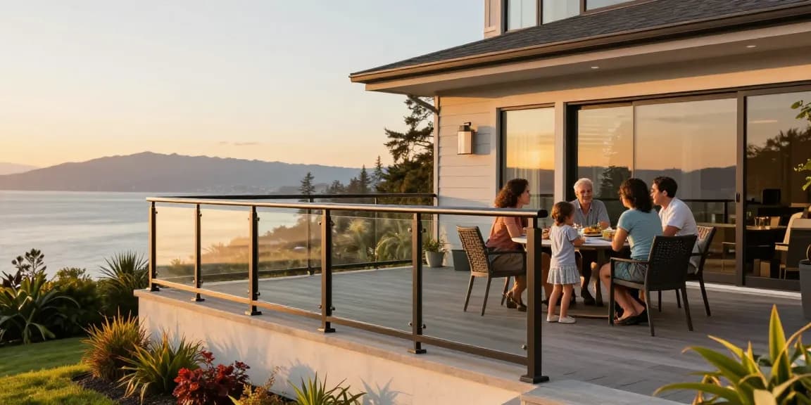 Custom railings in West Vancouver family patio showcasing modern design and scenic views.