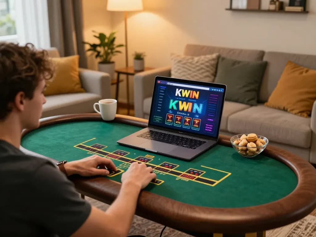 Player enjoying KWIN online casino game on laptop in cozy home setting.