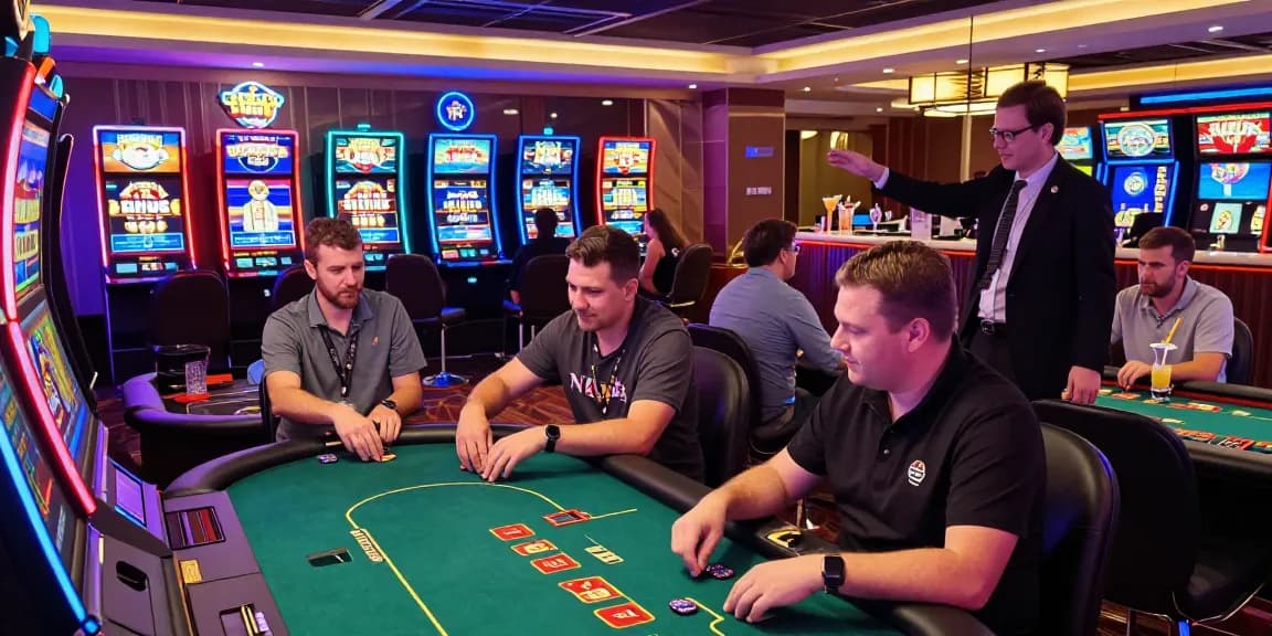 TẢI HITCLUB and experience vibrant casino gaming atmosphere with players engaged at various games.