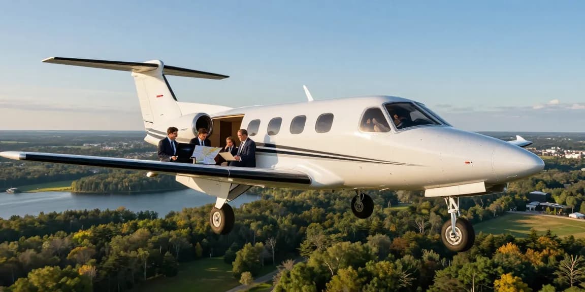 Flight charter Ontario in a Piper PA-31 Navajo over scenic landscapes, showcasing spacious comfort for business leaders.