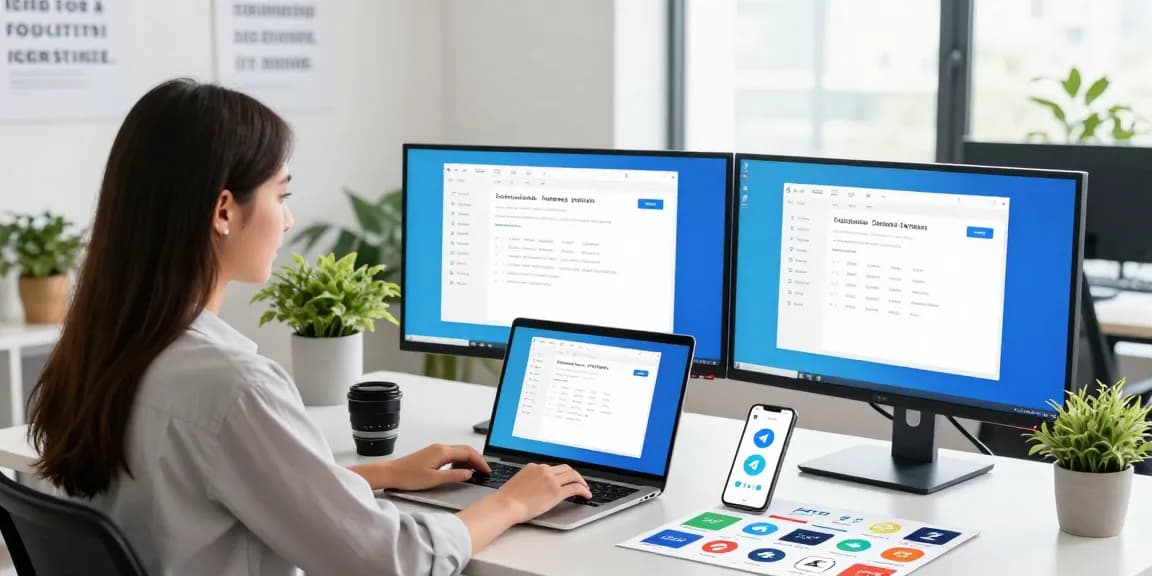 Customize your Telegram Chinese interface in a vibrant tech workspace with modern tools and natural light.