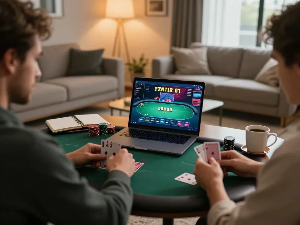 Lu88 player strategizing with poker cards on laptop in a cozy home gaming setup