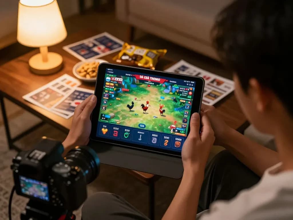 Engaged player watching đá gà thomo live stream on tablet in a cozy home setting, showcasing vibrant gameplay.