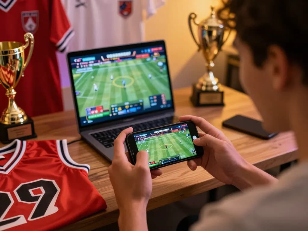 Engaged gambler using smartphone for trang chủ xx88 sports betting, showcasing live games and excitement.