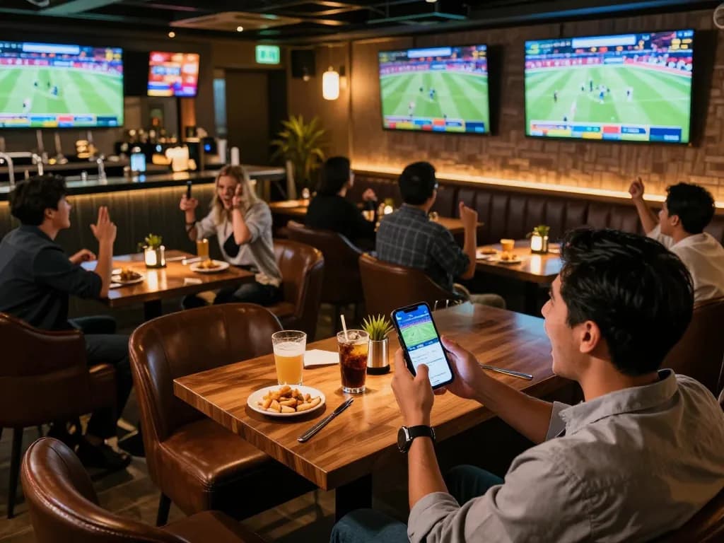 Experience thrilling betting on keonhacai tv amidst vibrant sports action in a lively bar setting.