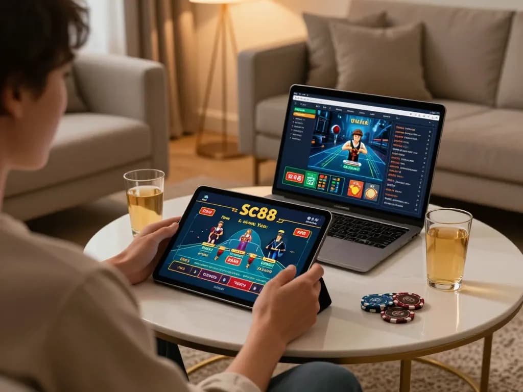 Player engaging in sc88 đăng nhập on tablet for online casino games in cozy home setting.