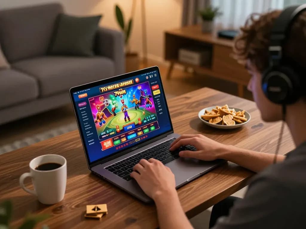 Player engaging with online casino strategy at 79win, highlighting a vibrant gaming setup.