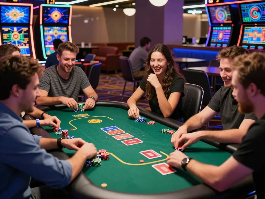 Exciting MM88 online casino scene with diverse players enjoying games under vibrant LED lights.