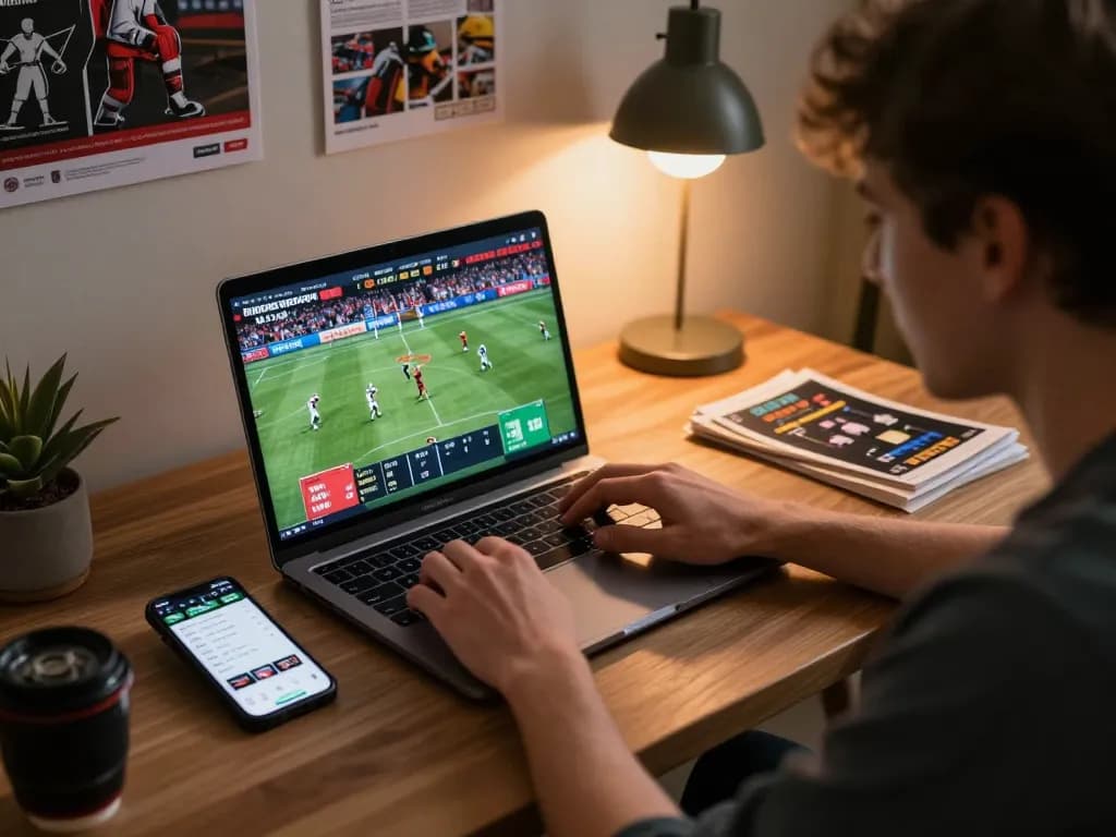 Engaged player celebrating a win while using mm88star's sports betting platform at home.