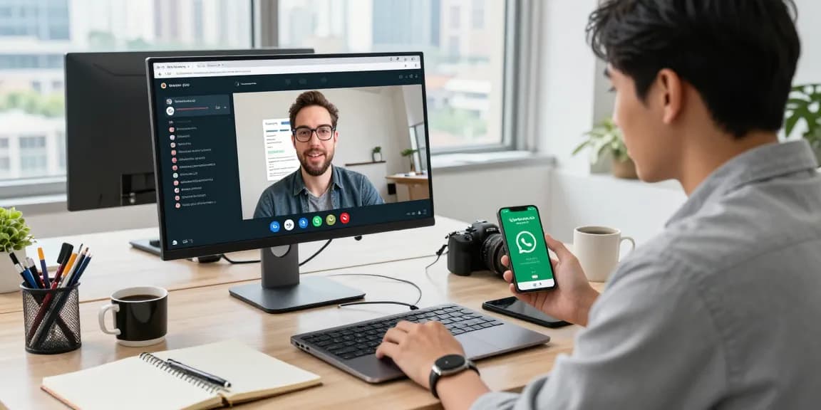 Active workspace showcasing WhatsApp網頁版 usage with laptop and smartphone amidst a lively office setting.